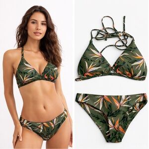 Tori Praver olive Green Tropical Floral String Bikini - Women Swim Size Small